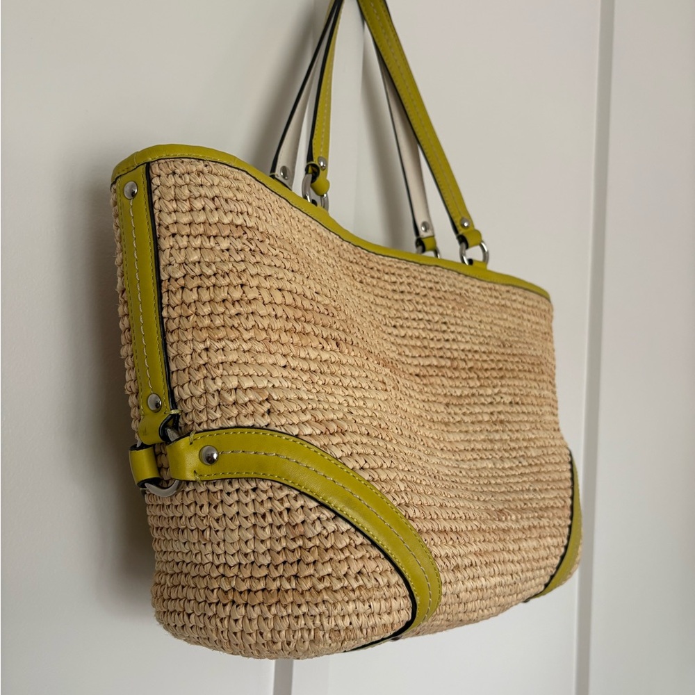 Vintage Coach Straw Shoulder Bag - Lime Green Leather Trim - Picture 5 of 10